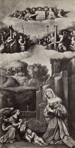 Anonimo — Tisi Benvenuto - sec. XVI - Adorazione del Bambino e angeli con simboli della Passione — insieme
